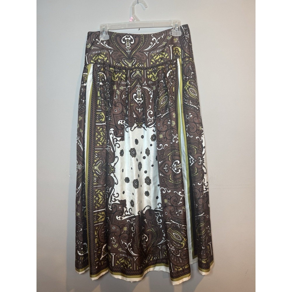 Vintage Boston Proper 100% Silk Brown Green Paisley Y2K Midi Skirt 6